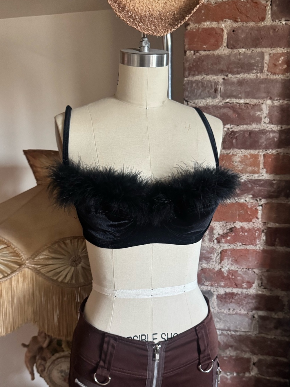 Black Feather Trim Velvet Bralette 90s/Y2K